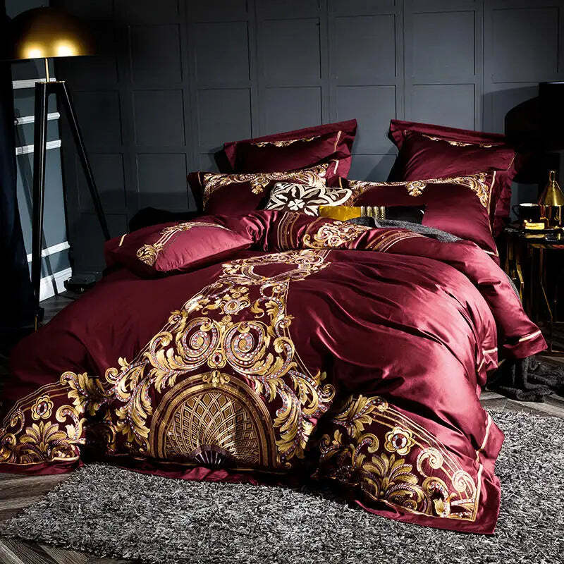 Image of 1000TC luxury Egyptian cotton duvet cover set with embroidery in red and grey