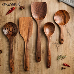 Image of 11-piece wooden kitchenware non-stick pan set with food-grade utensils for cooking