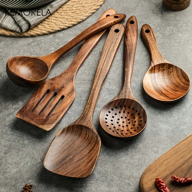 Image of 11-piece wooden kitchenware non-stick pan set with food-grade utensils for cooking