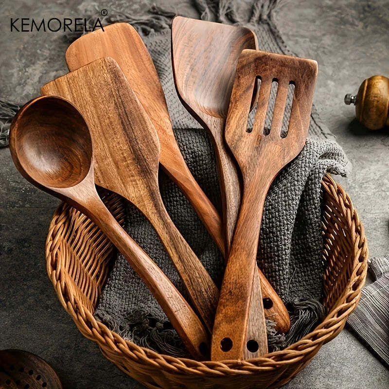 Image of 11-piece wooden kitchenware non-stick pan set with food-grade utensils for cooking