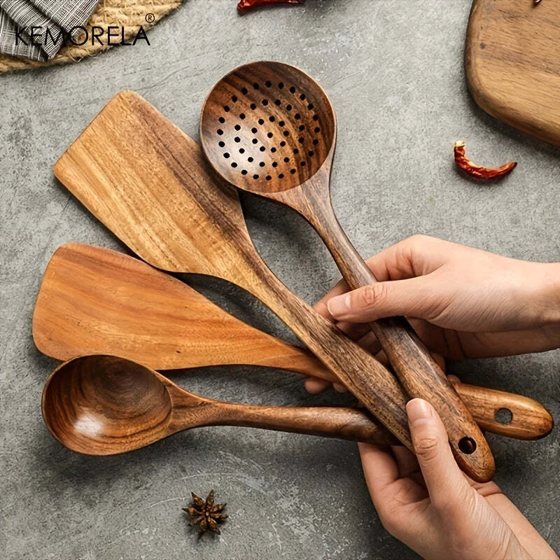 Image of 11-piece wooden kitchenware non-stick pan set with food-grade utensils for cooking