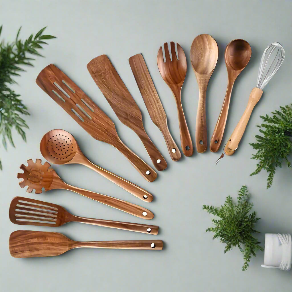 Image of 11-piece wooden kitchenware non-stick pan set with food-grade utensils for cooking