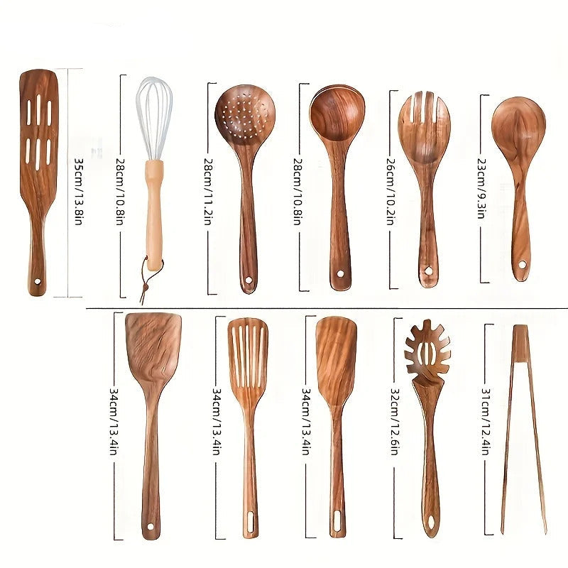 Image of 11-piece wooden kitchenware non-stick pan set with food-grade utensils for cooking