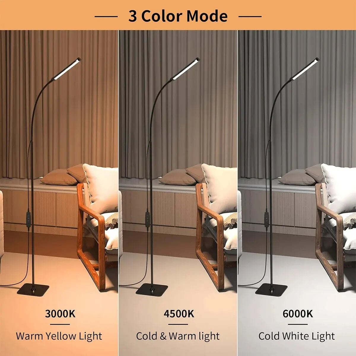 Image of 120 LED dimmable floor lamp with flexible gooseneck and three color modes for reading and relaxation