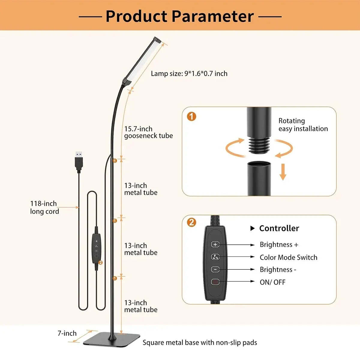 Image of 120 LED dimmable floor lamp with flexible gooseneck and three color modes for reading and relaxation