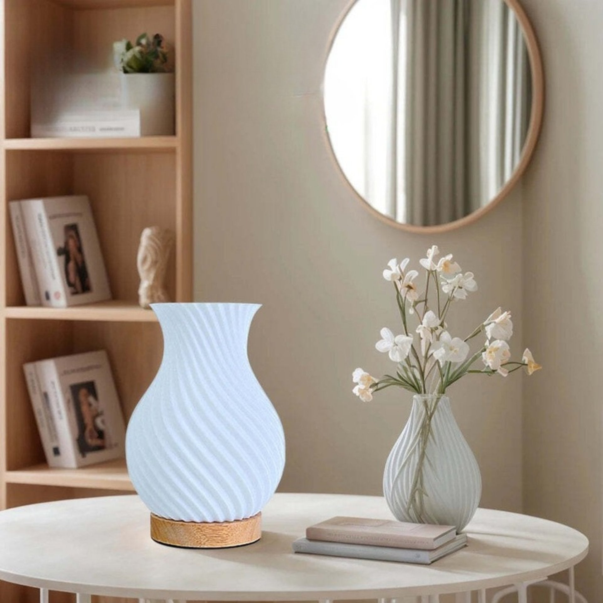 Image of 3-color dimmable 3D printed vase bedside lamp with wood base for living room and college dorm