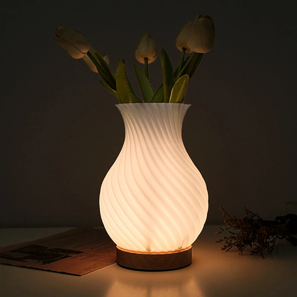 Image of 3-color dimmable 3D printed vase bedside lamp with wood base for living room and college dorm