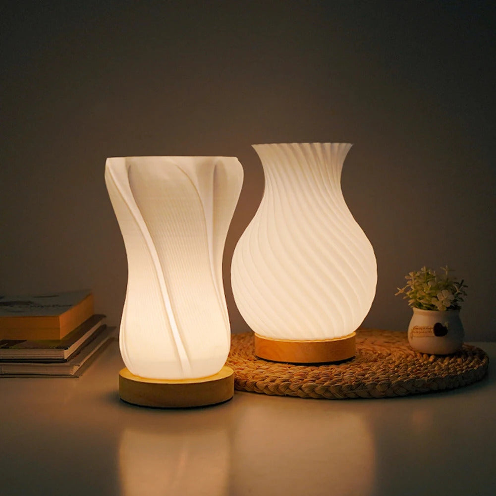 Image of 3-color dimmable 3D printed vase bedside lamp with wood base for living room and college dorm