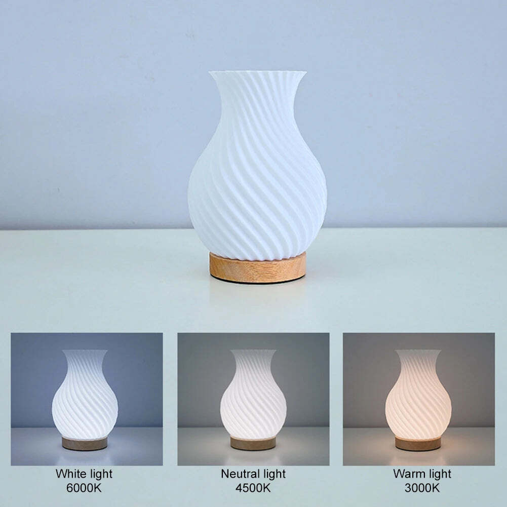 Image of 3-color dimmable 3D printed vase bedside lamp with wood base for living room and college dorm