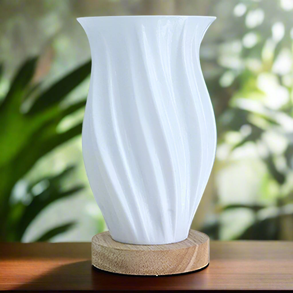 Image of 3-color dimmable 3D printed vase bedside lamp with wood base for living room and college dorm