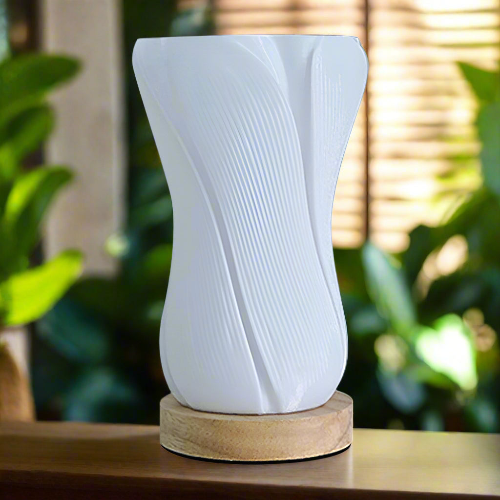 Image of 3-color dimmable 3D printed vase bedside lamp with wood base for living room and college dorm