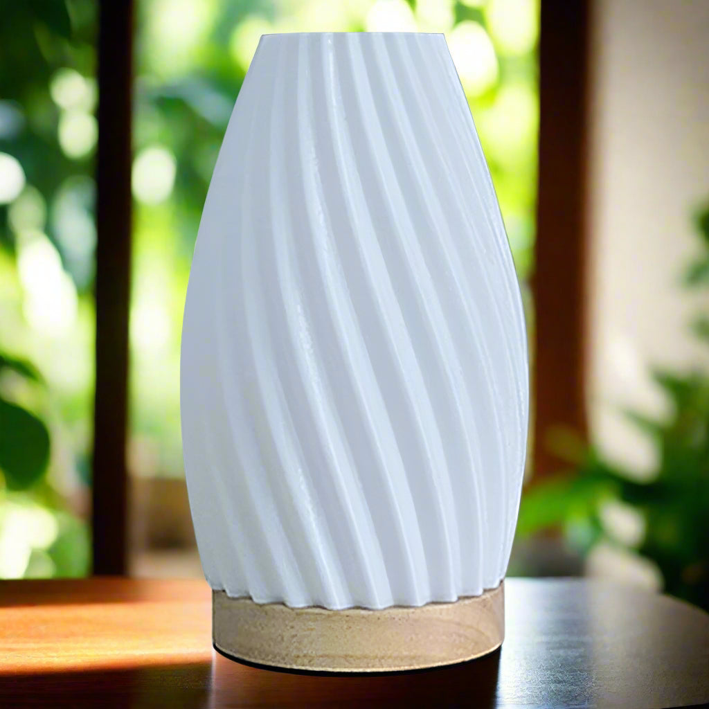 Image of 3-color dimmable 3D printed vase bedside lamp with wood base for living room and college dorm