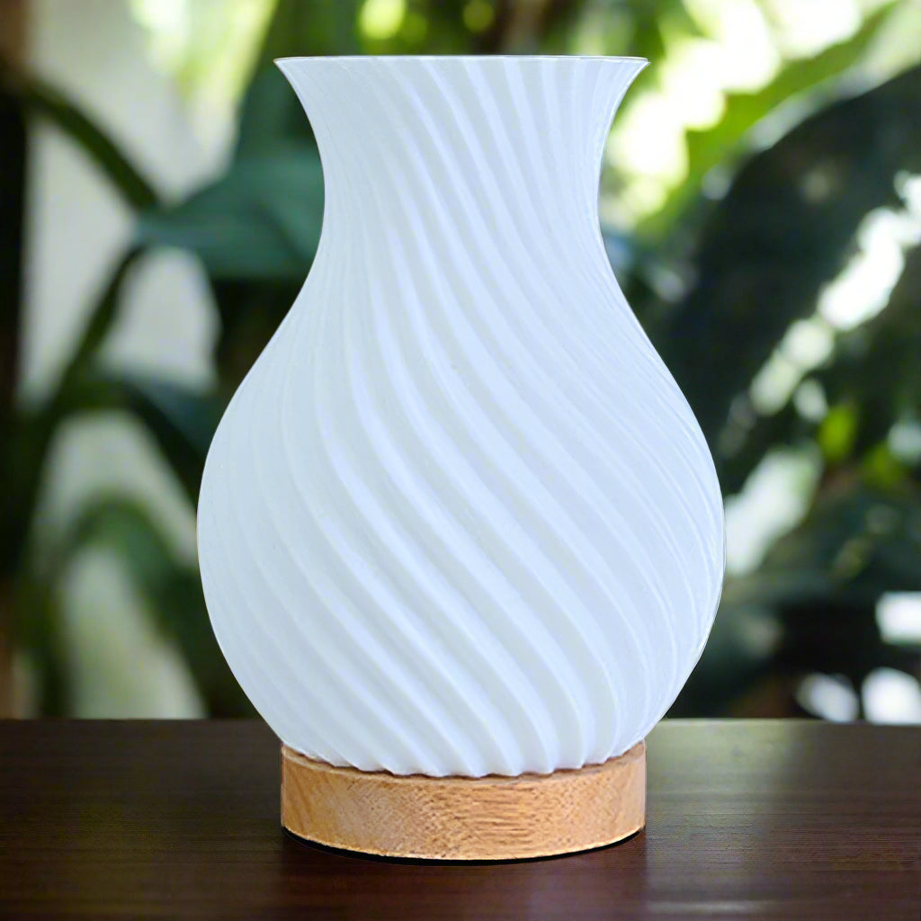 Image of 3-color dimmable 3D printed vase bedside lamp with wood base for living room and college dorm