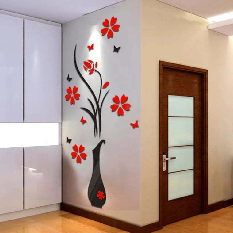 Image of 3D acrylic wall stickers for home decor - DIY vase flower tree design