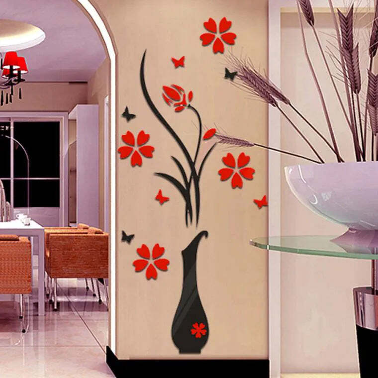 Image of 3D acrylic wall stickers for home decor - DIY vase flower tree design