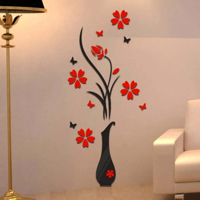 Image of 3D acrylic wall stickers for home decor - DIY vase flower tree design