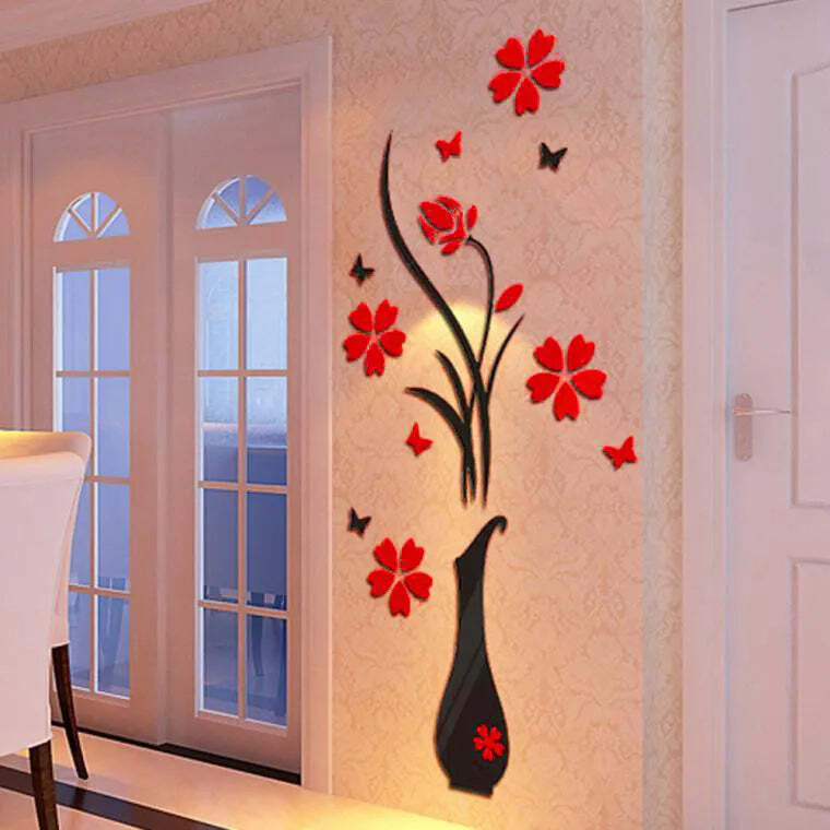 Image of 3D acrylic wall stickers for home decor - DIY vase flower tree design