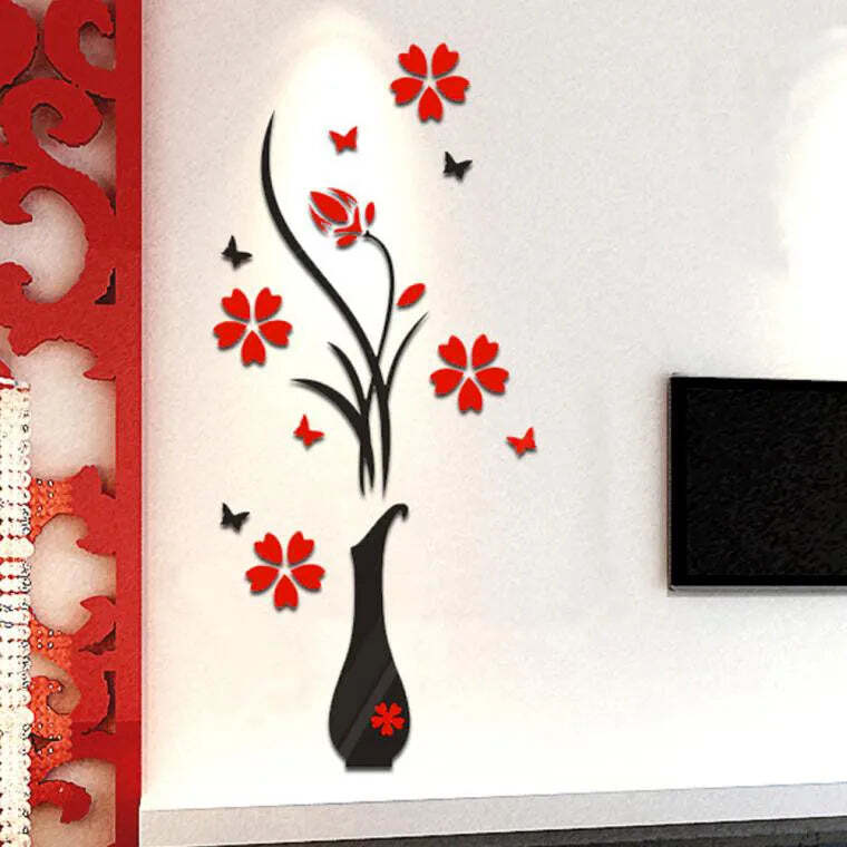 Image of 3D acrylic wall stickers for home decor - DIY vase flower tree design