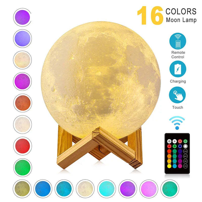 Image of 3D moon lamp night light with 16 colors and remote control for kids