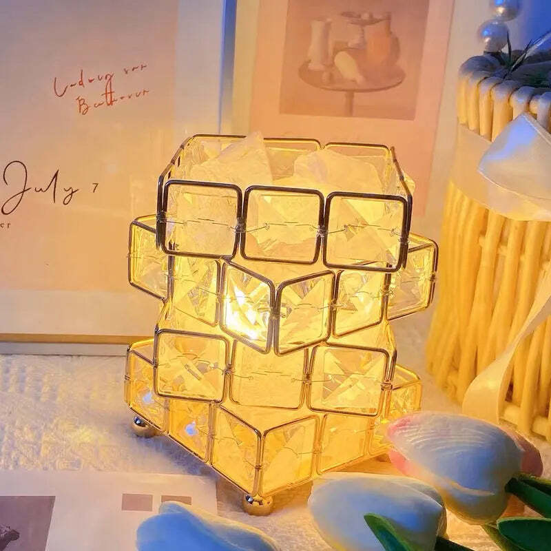 Image of 4-layer magic cube salt stone lamp, natural crystal night light with LED for home decor