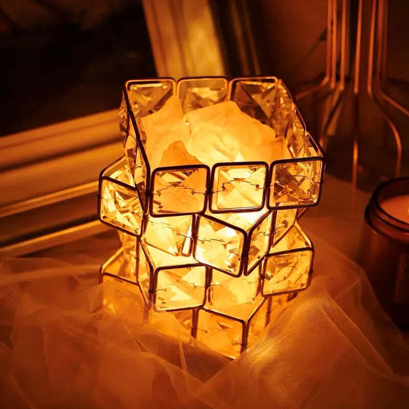 Image of 4-layer magic cube salt stone lamp, natural crystal night light with LED for home decor