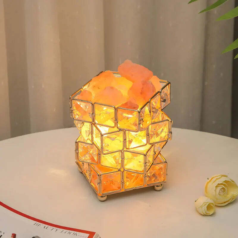 Image of 4-layer magic cube salt stone lamp, natural crystal night light with LED for home decor