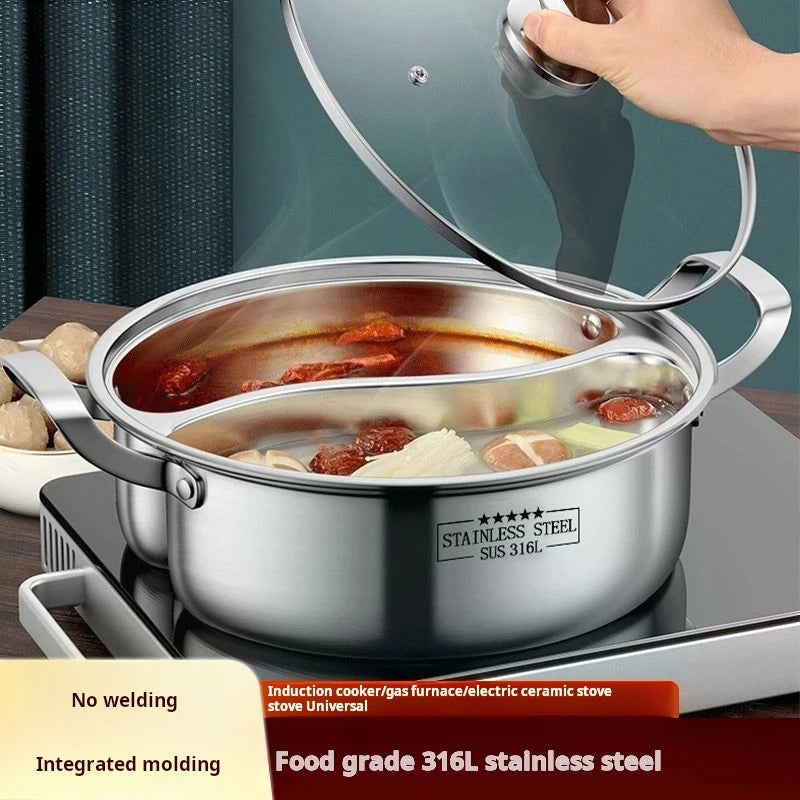 Premium 316 Stainless Steel Divided Hot Pot - 32cm Induction Compatible Cooking Pot for Fondue and Soups