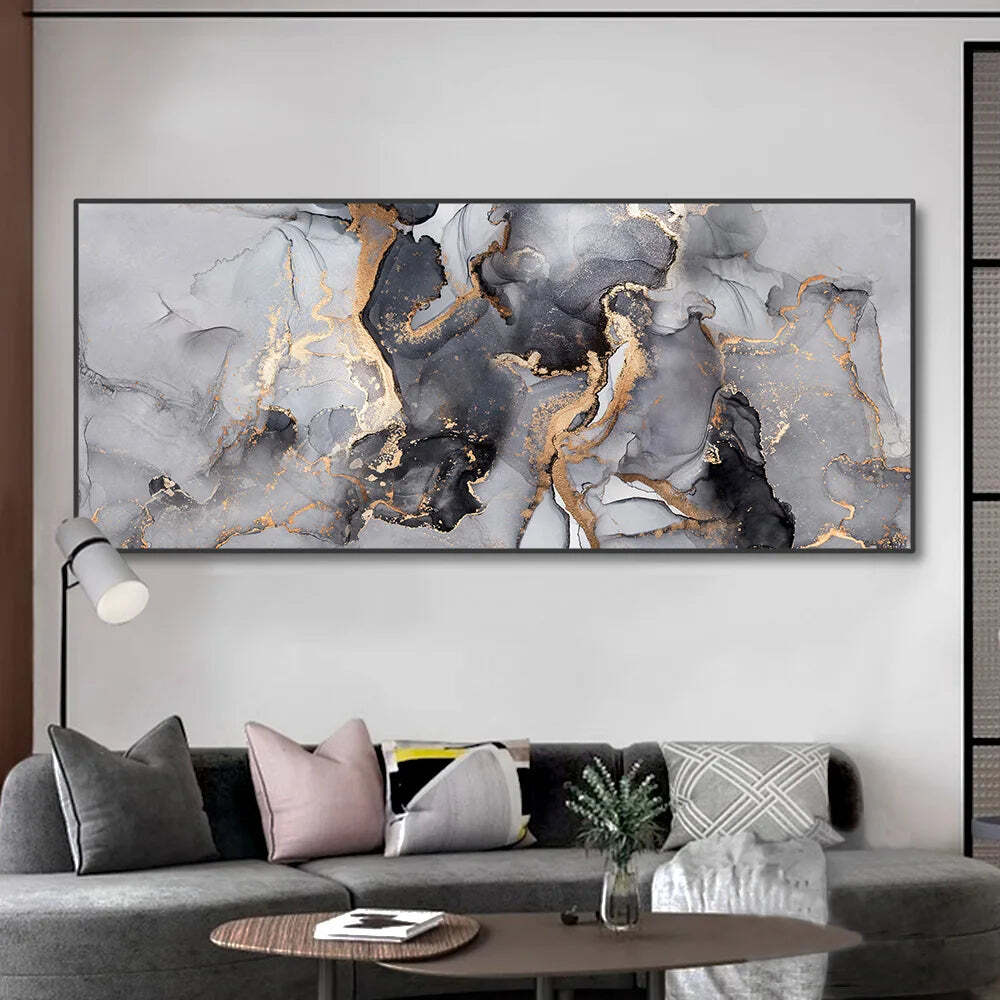 Image of Abstract black and gold canvas wall art for modern living room decor