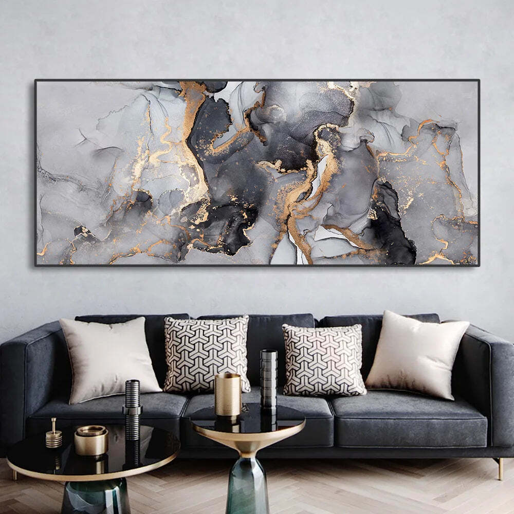 Image of Abstract black and gold canvas wall art for modern living room decor