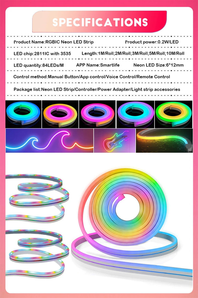 Image of Acosh neon LED strip lights with music sync and RGBIC dreamcolor effect