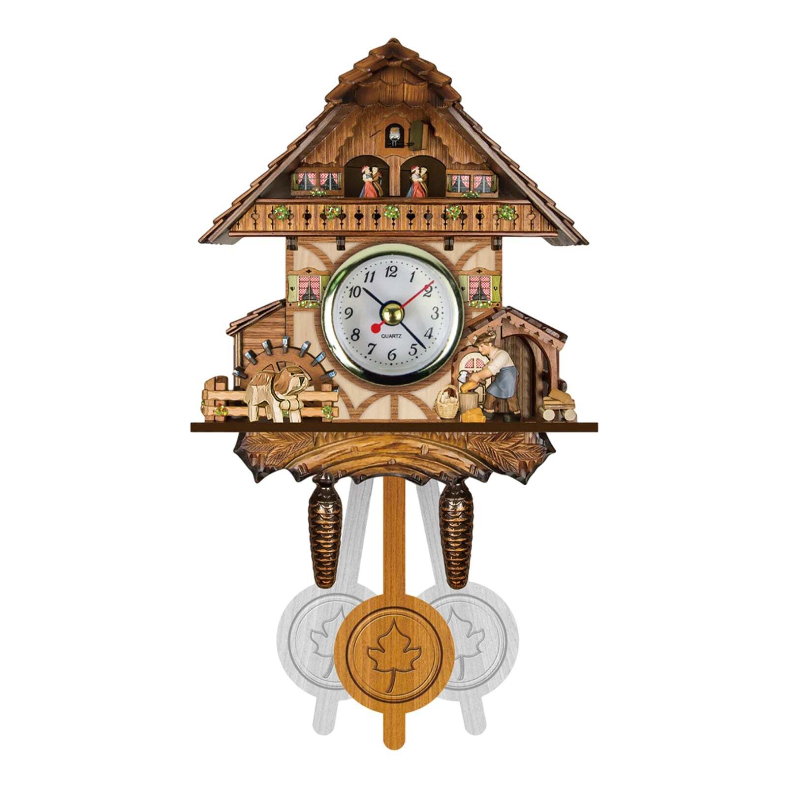 Image of Antique wooden cuckoo wall clock with bird time bell swing alarm