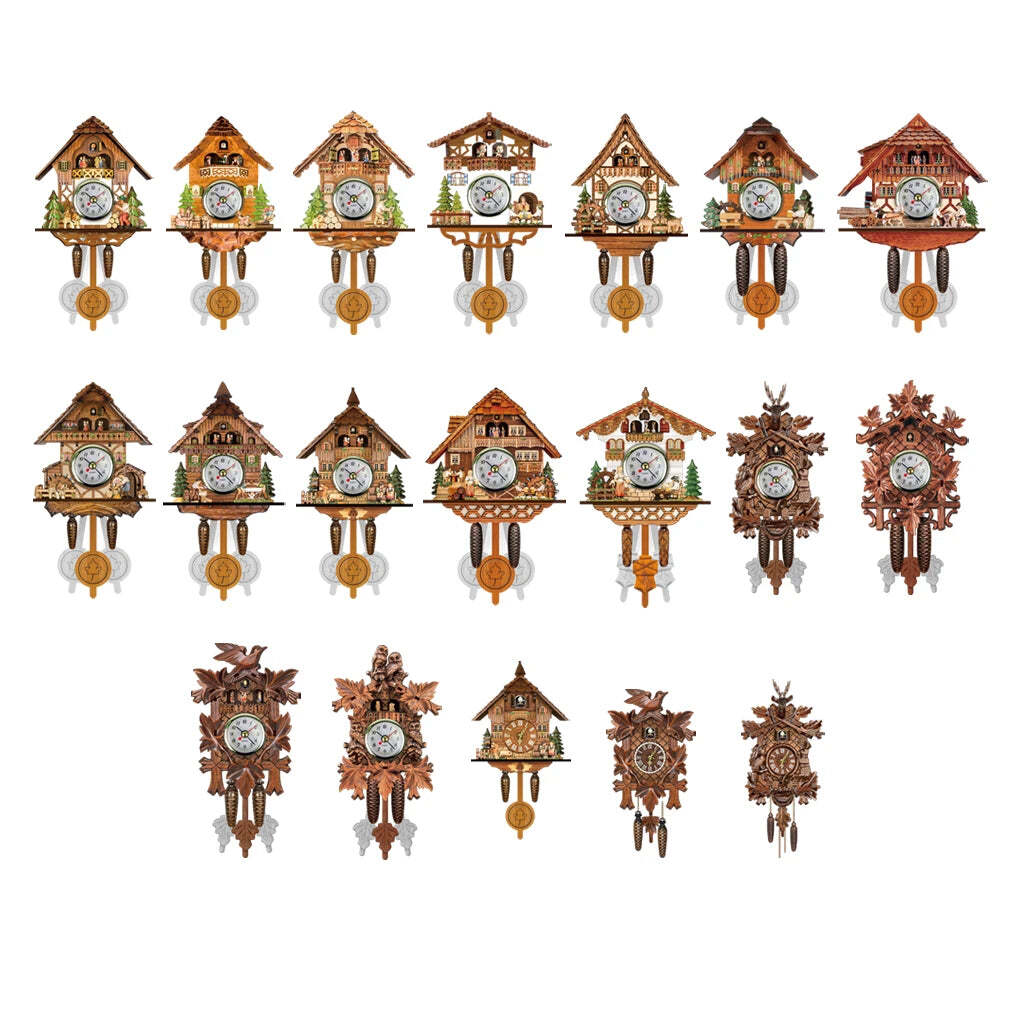 Image of Antique wooden cuckoo wall clock with bird time bell swing alarm