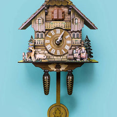 Image of Antique wooden cuckoo wall clock with bird time bell swing alarm