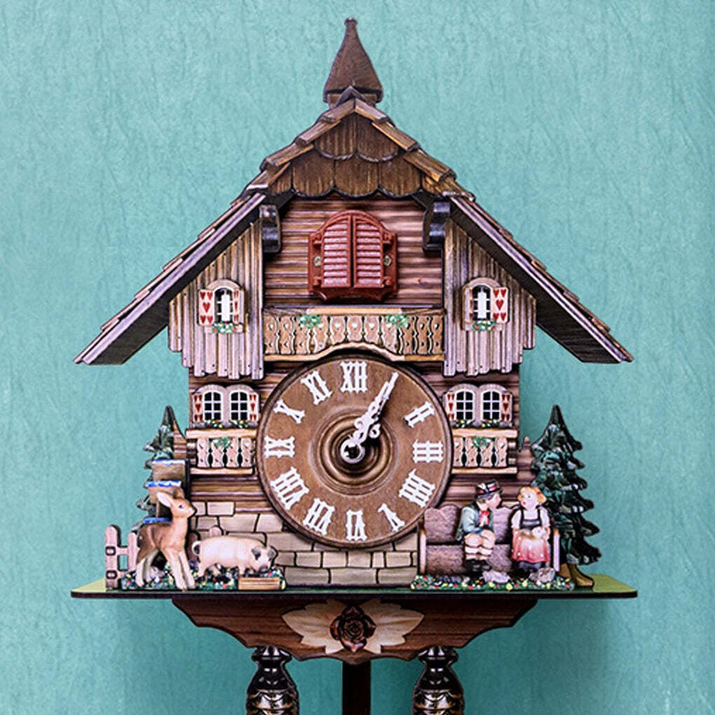 Image of Antique wooden cuckoo wall clock with bird time bell swing alarm