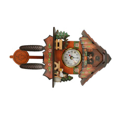 Image of Antique wooden cuckoo wall clock with swinging bird and alarm bell decor