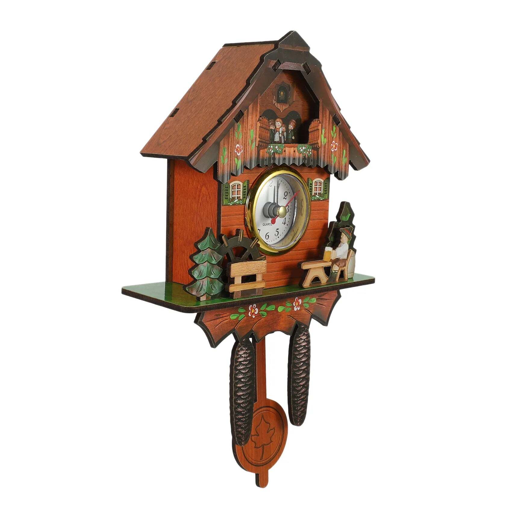 Image of Antique wooden cuckoo wall clock with swinging bird and alarm bell decor