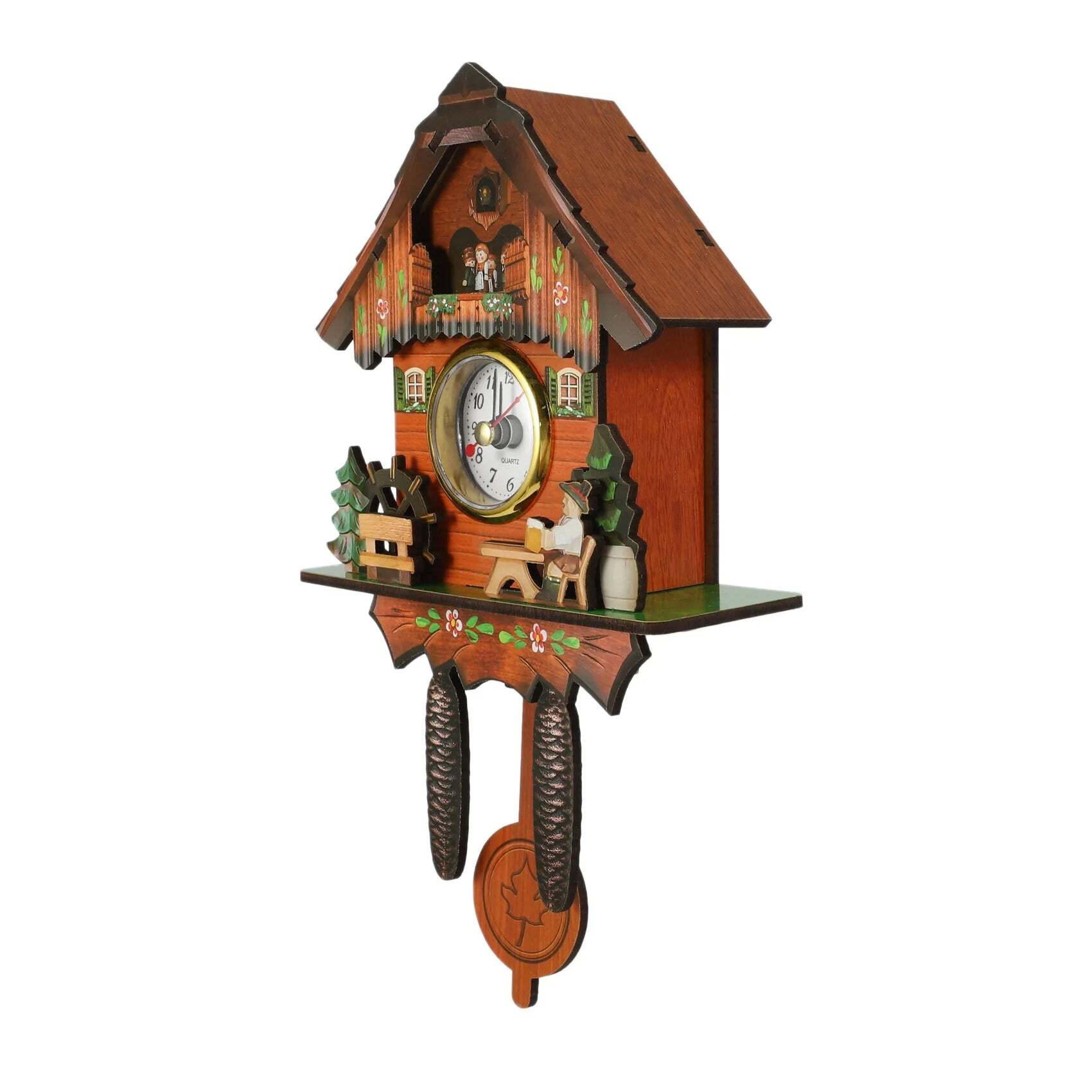 Image of Antique wooden cuckoo wall clock with swinging bird and alarm bell decor