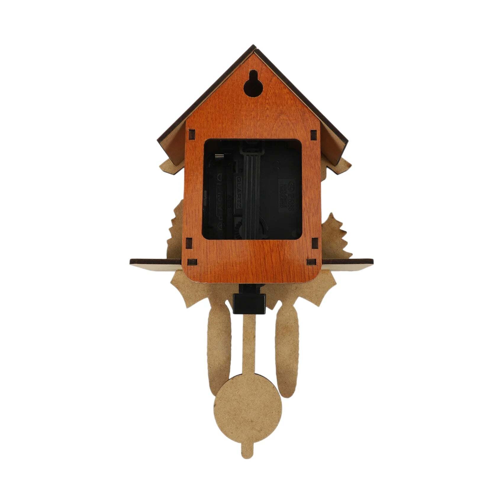 Image of Antique wooden cuckoo wall clock with swinging bird and alarm bell decor