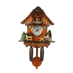 Image of Antique wooden cuckoo wall clock with swinging bird and alarm bell decor