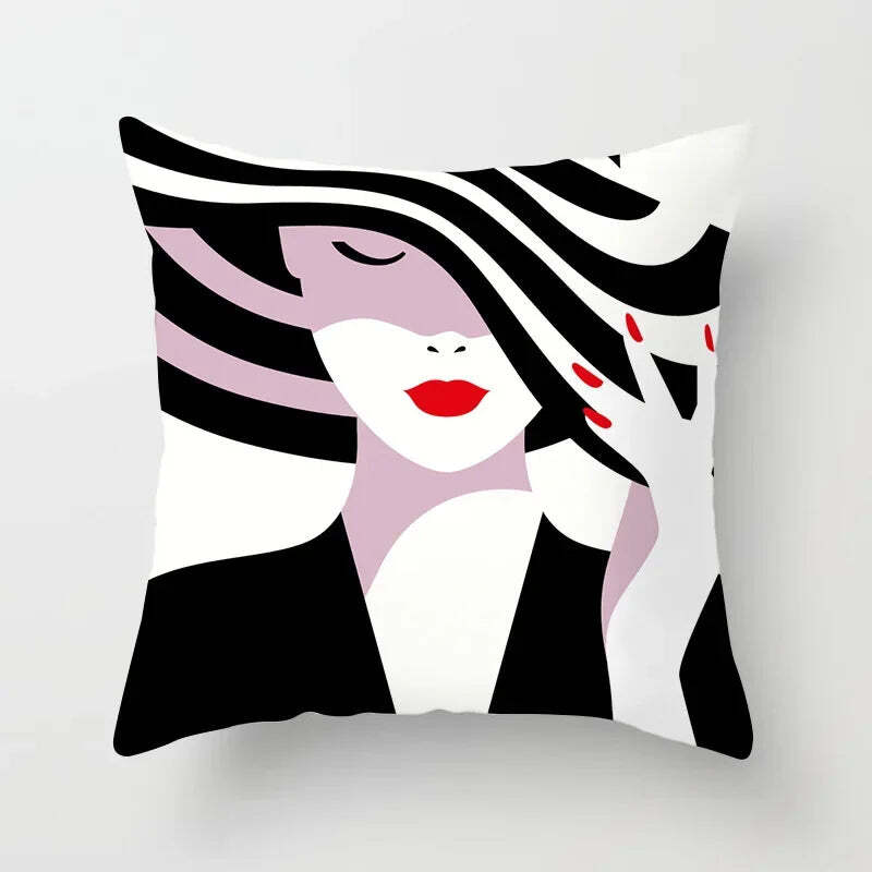 Image of Black and white geometric portrait pillowcase for home and office decor