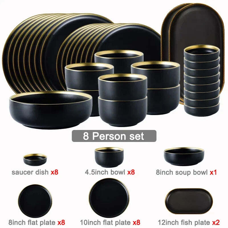 Image of Black porcelain dinnerware set with gold rim for home and restaurant