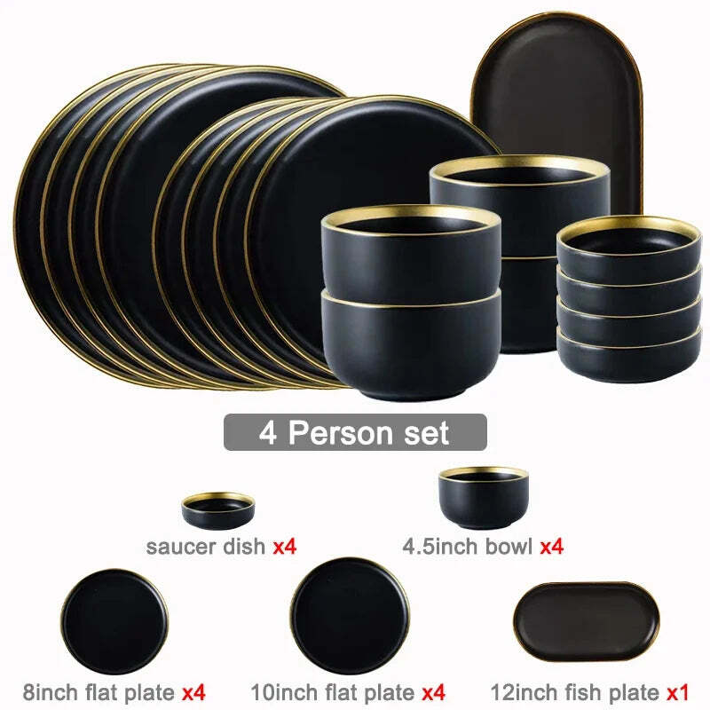 Image of Black porcelain dinnerware set with gold rim for home and restaurant