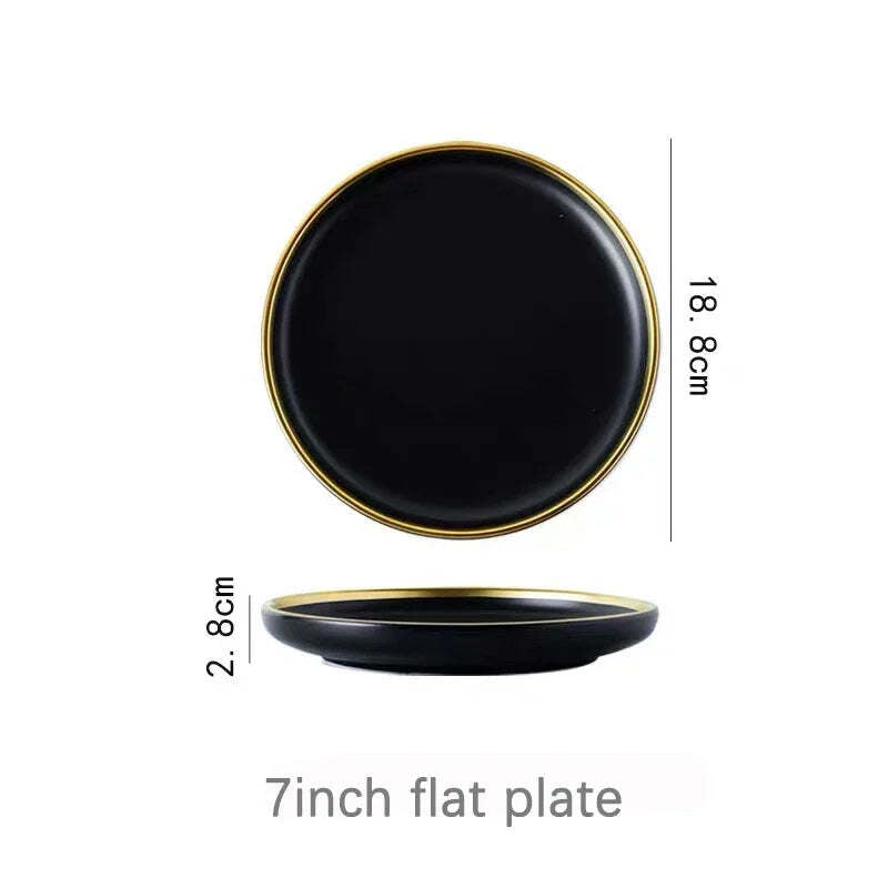 Image of Black porcelain dinnerware set with gold rim for home and restaurant