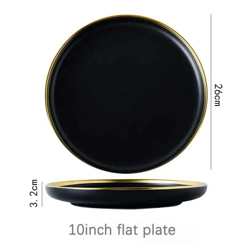 Image of Black porcelain dinnerware set with gold rim for home and restaurant