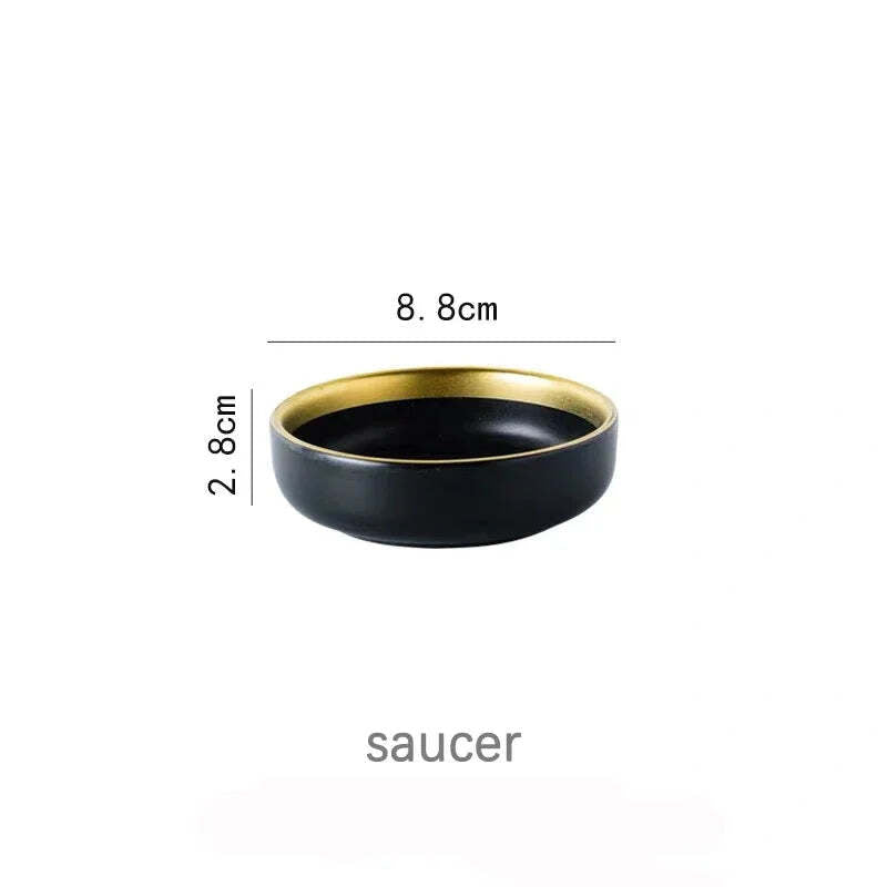 Image of Black porcelain dinnerware set with gold rim for home and restaurant