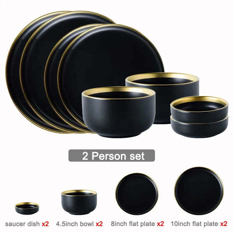 Image of Black porcelain dinnerware set with gold rim for home and restaurant