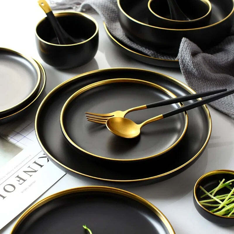 Image of Black porcelain dinnerware set with gold rim for home and restaurant