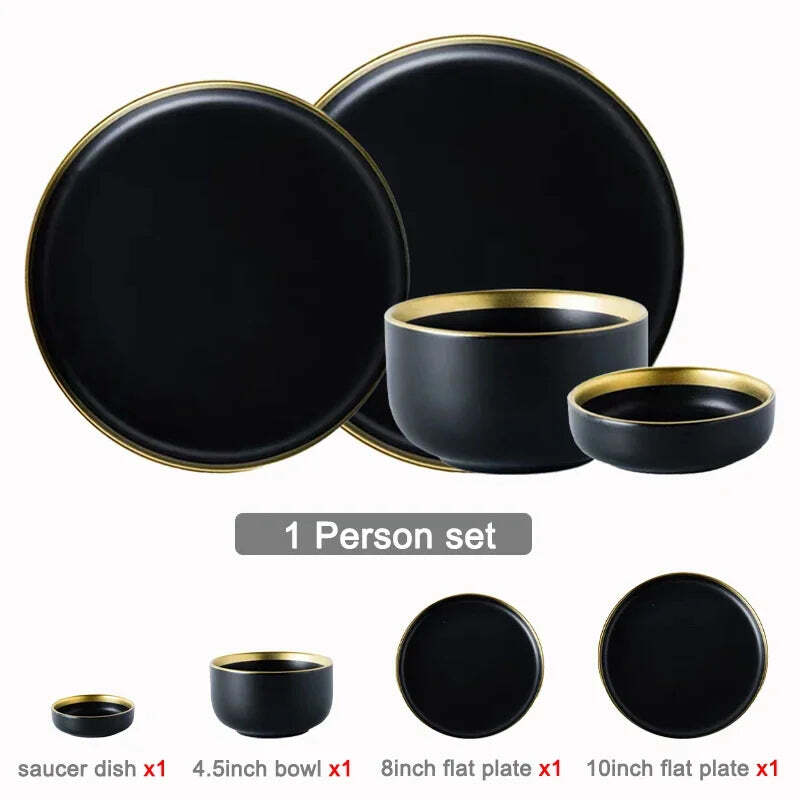 Image of Black porcelain dinnerware set with gold rim for home and restaurant