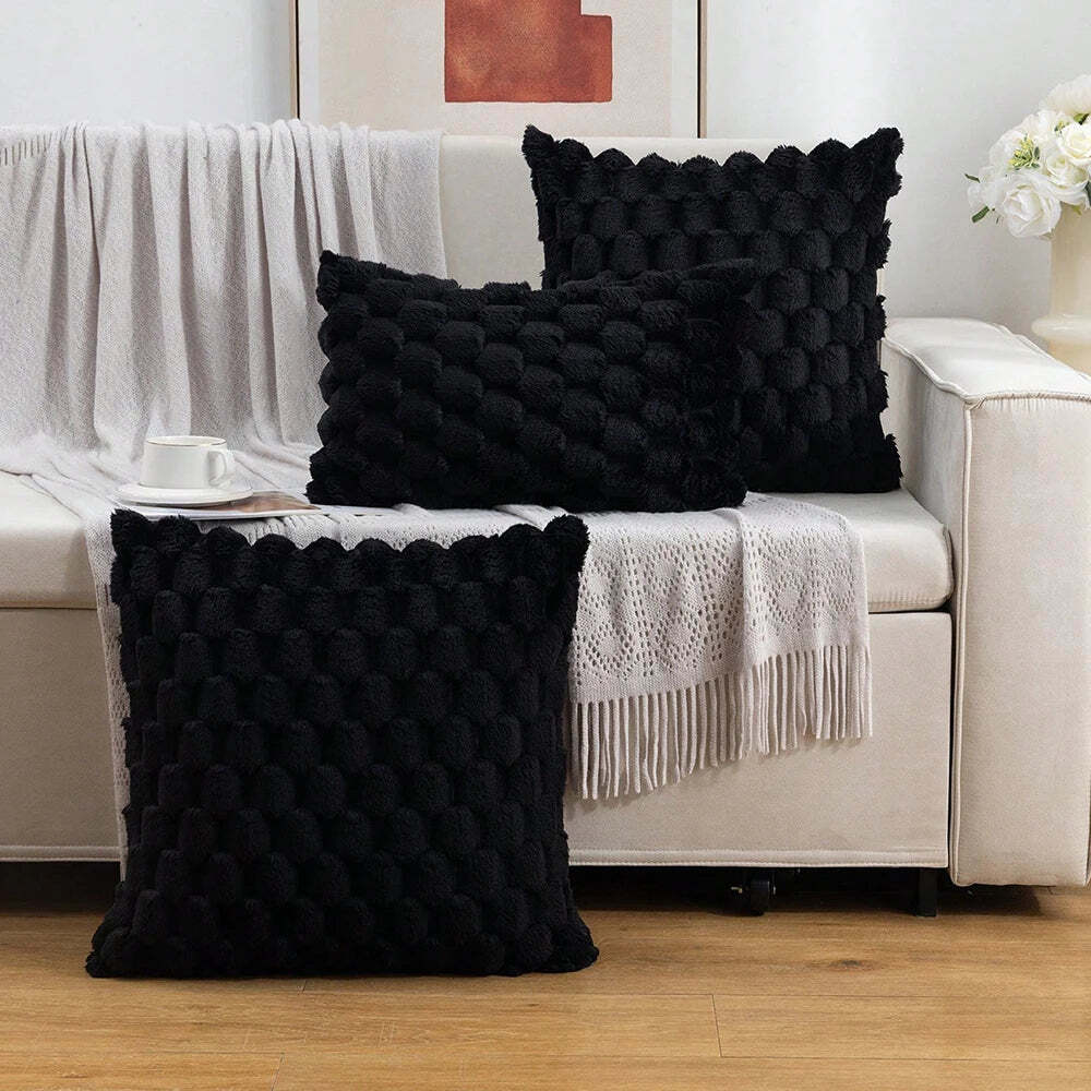 Image of Black super soft fuzzy faux fur throw pillow cover for couch and bed