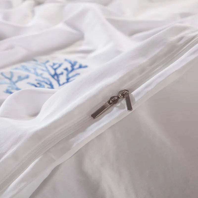 Image of Blue embroidery white duvet cover set in premium Egyptian cotton